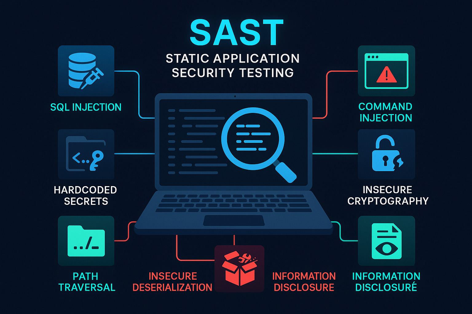 Infographic about Static Application Security Testing (SAST) by DerScanner — SAST scanner for code security analysis. Detects vulnerabilities like SQL Injection, XSS, Command Injection, Path Traversal, hardcoded secrets, insecure cryptography. Supports SAST for Delphi, SAST for Perl, SAST for Scala, Java, C#, Python. Application security testing tool for developers and DevSecOps teams.