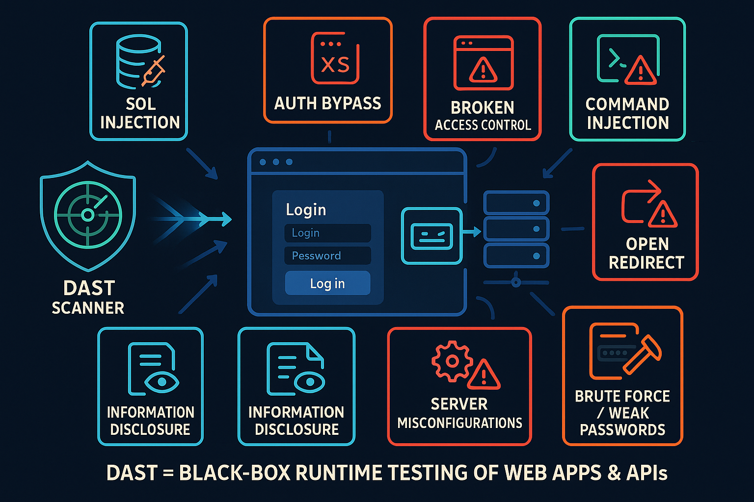 Infographic about Dynamic Application Security Testing (DAST) by DerScanner — DAST scanner for runtime application security. Detects vulnerabilities such as SQL Injection, XSS, authentication bypass, insecure redirects, server misconfigurations. DAST for web applications, APIs, microservices. Application security testing tool for DevSecOps teams.