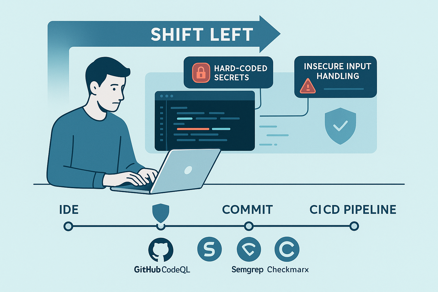Illustration of the “Shift Left” principle in Application Security Testing, showing developers scanning source code early in the SDLC with SAST tools. Vulnerabilities like hard-coded secrets and insecure input handling are flagged directly in the IDE and CI/CD pipeline. Promotes DerScanner as a full-cycle AppSec platform that integrates early into development to prevent costly security issues in production.