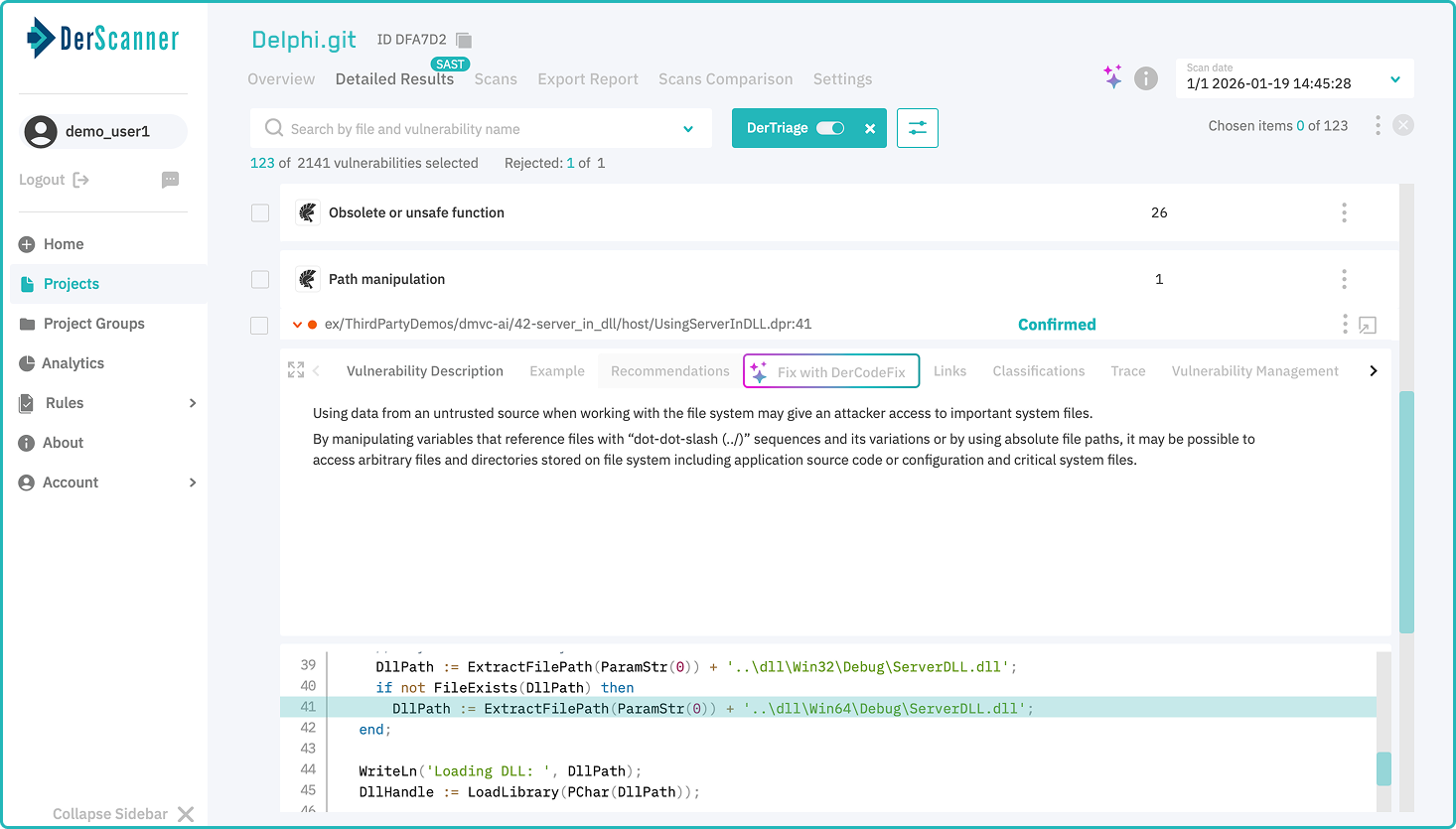 Delphi SAST Detailed Results in DerScanner