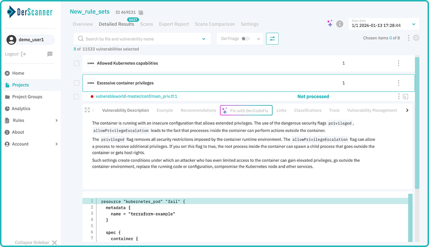 Infrastructure as a Code (IaC) vulnerability detected by SAST DerScanner
