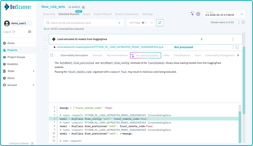 ML vulnerability detected by DerScanner