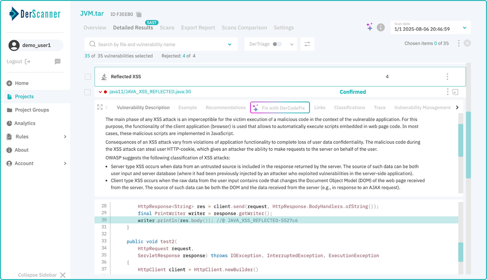 SAST XSS vulnerability found by DerScanner